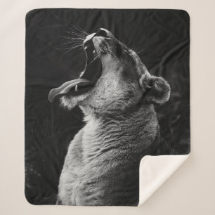 GRAYSCALE PHOTOGRAPHY OF YAWNING LIONESS SHERPA BLANKET