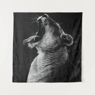 GRAYSCALE PHOTOGRAPHY OF YAWNING LIONESS TAPESTRY
