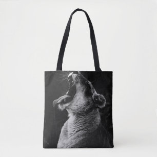 GRAYSCALE PHOTOGRAPHY OF YAWNING LIONESS TOTE BAG