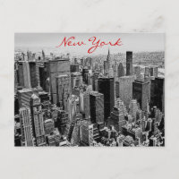 Grayscale Red Script New York City Night Post Card