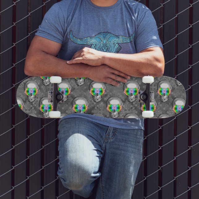 Grayscale Skull Pattern Neon Accent Edgy Street  Skateboard (Outdoor 3)