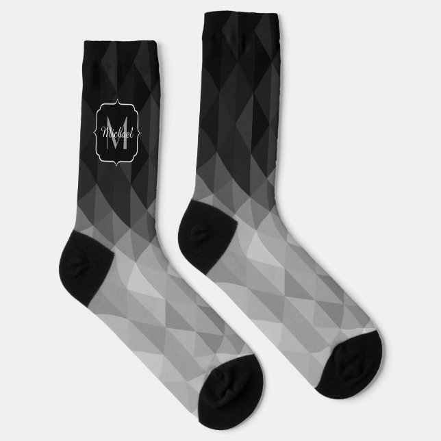 Grayscale triangle geometry grey pattern Monogram Socks (Right)
