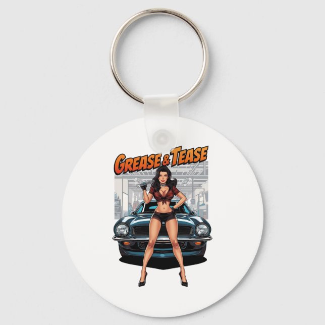 Grease & Tease – Hot Rod Pin-Up Girl Key Ring (Front)