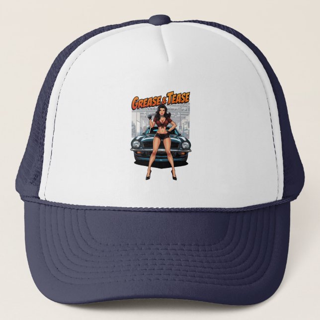 Grease & Tease – Hot Rod Pin-Up Girl Trucker Hat (Front)