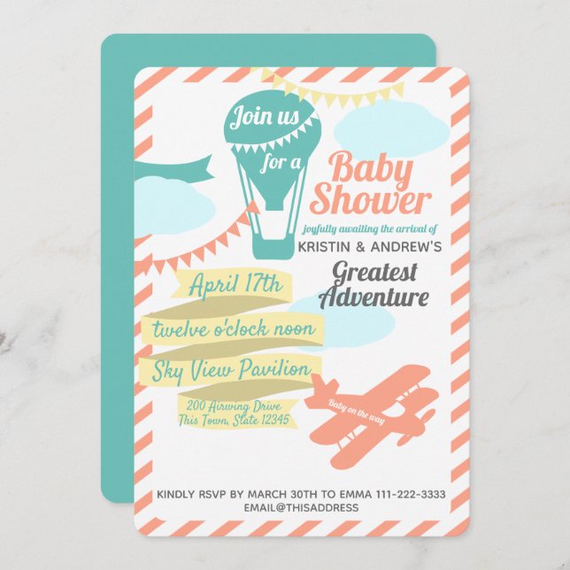 Great Adventure Hot Air Balloon and Aeroplane Invitation (Front/Back)