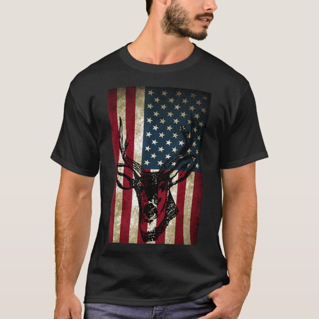 Great American Flag Patriotic Deer Hunting Gift  T-Shirt (Front)