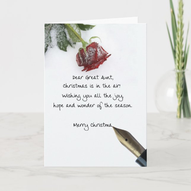 Great Aunt christmas letter on snow rose paper Holiday Card (Front)