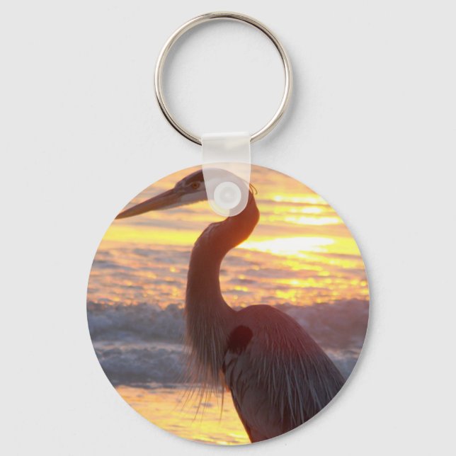 Great Blue Heron at Sunset Key Ring (Front)
