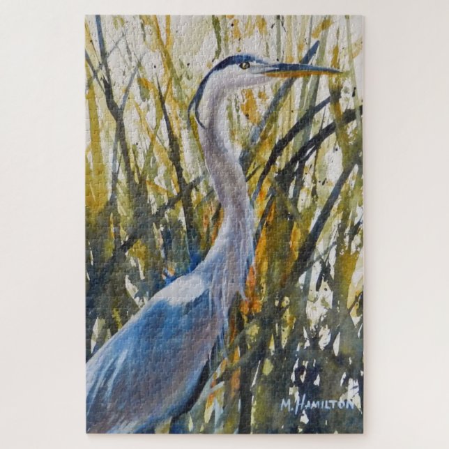 Great Blue Heron Bird In The Weeds Art Jigsaw Puzzle (Vertical)