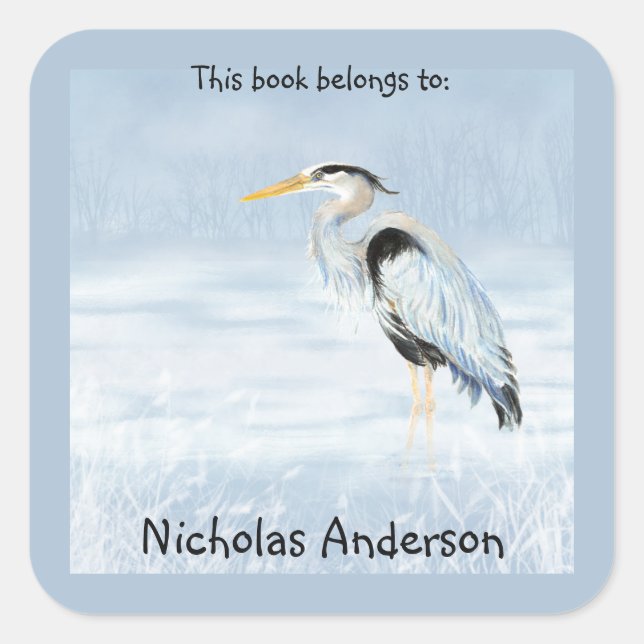 Great Blue Heron Bird  Nature Art Bookplate Square Sticker (Front)