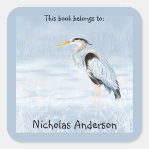 Great Blue Heron Bird Nature Art Bookplate Square Sticker