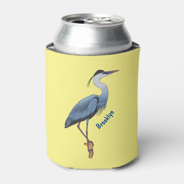 Great blue heron cartoon illustration can cooler (Can Front)