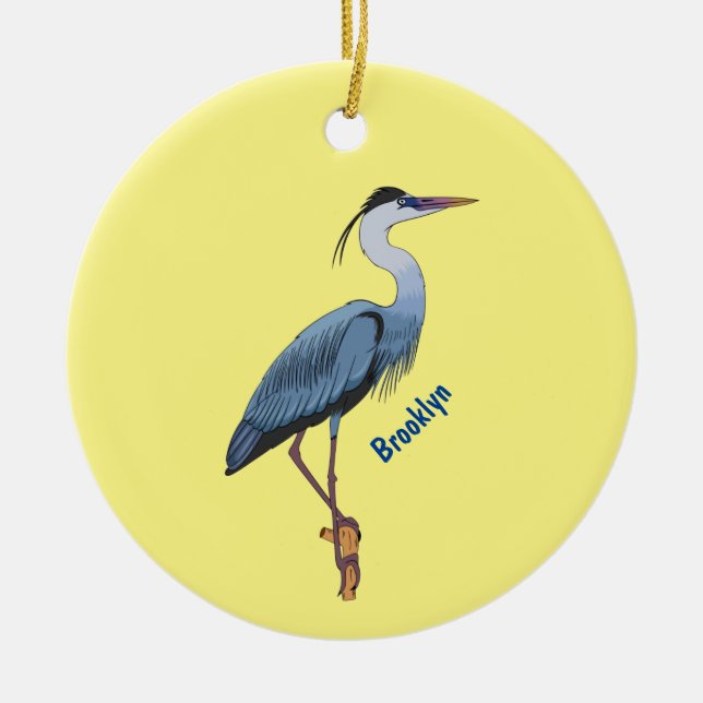 Great blue heron cartoon illustration ceramic tree decoration (Front)