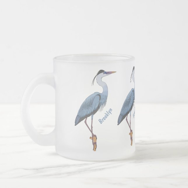Great blue heron cartoon illustration  frosted glass coffee mug (Left)