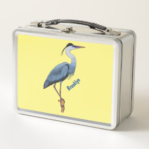 Great blue heron cartoon illustration metal lunch box