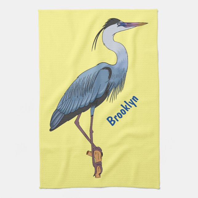 Great blue heron cartoon illustration  tea towel (Vertical)