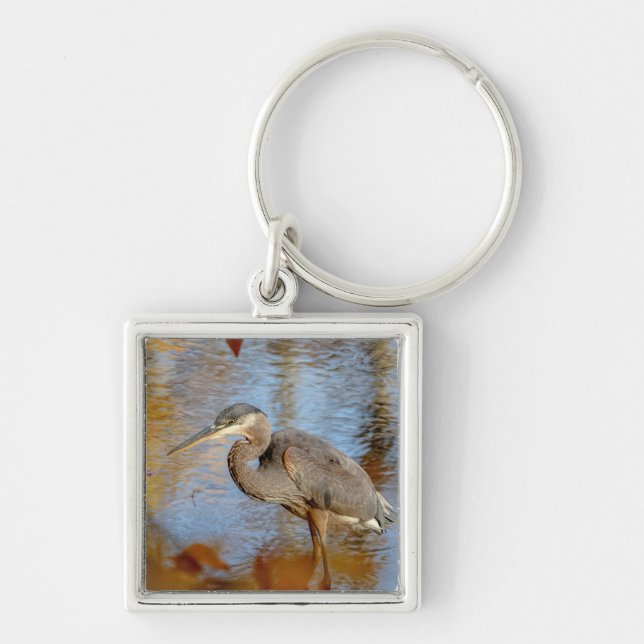 Great Blue Heron framed with fall foliage Key Ring (Front)