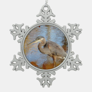 Great Blue Heron framed with fall foliage Snowflake Pewter Christmas Ornament