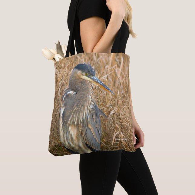 Great Blue Heron in a Field of Golden Reeds Tote Bag (Close Up)