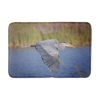 Great Blue Heron in flight Bath Mat