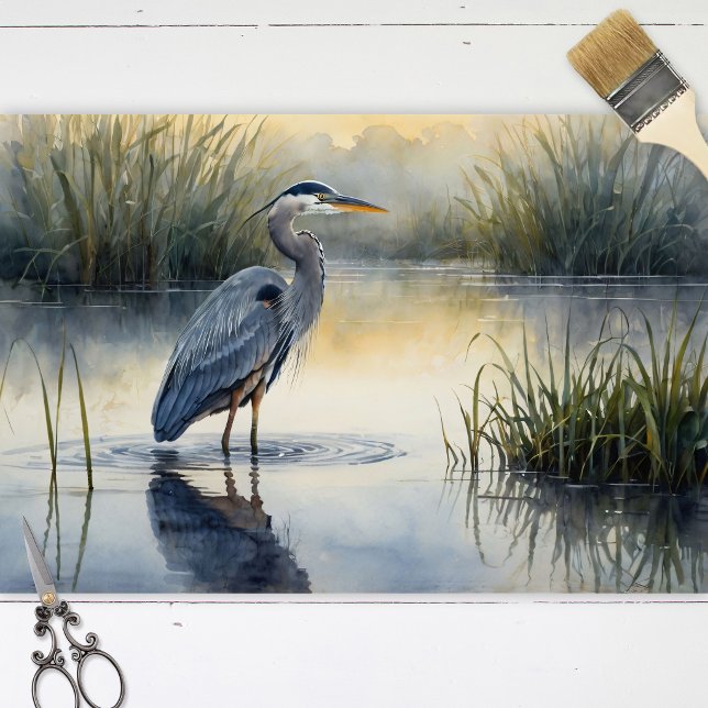 Great Blue Heron in the Marsh Decoupage Tissue Paper (Tissue paper sheets with a watercolor great blue heron in a marsh landscape, laid flat on white wood)