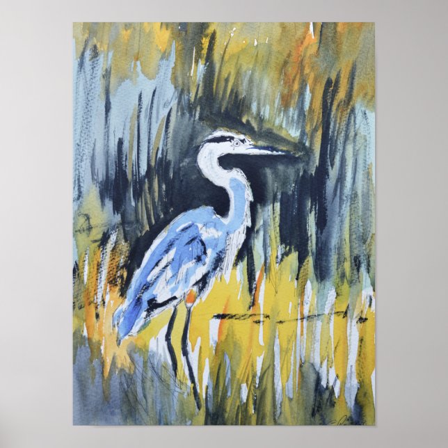 Great Blue Heron Marsh Expressionist Poster (Front)