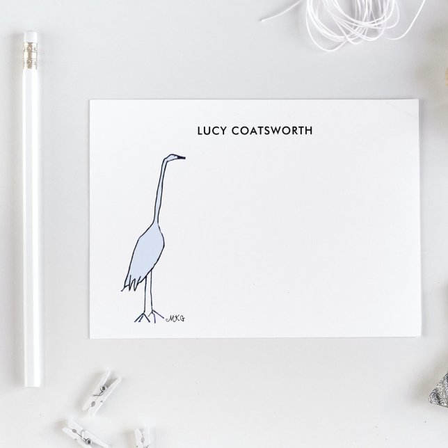Great Blue Heron Monogram Boho Bird Artwork Card (These whimsical Great Blue Heron notecards capture the  beauty and humor of this bird.)