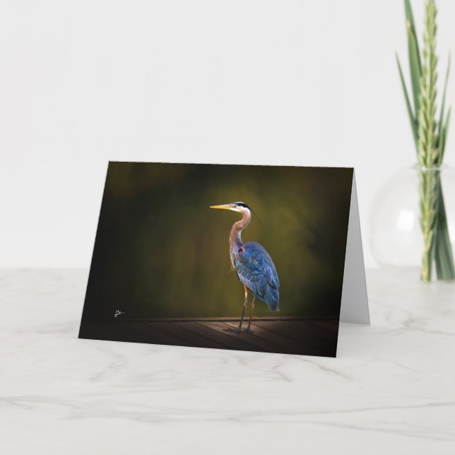 Great Blue Heron on Rustic Dock at Sunset Holiday Card (Front)