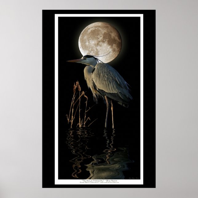 Great Blue Heron, Reeds & Moon Nature Art Print (Front)