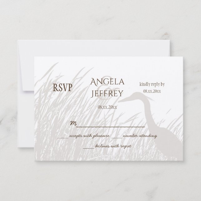 Great Blue Heron silhouette rustic wedding RSVP (Front)