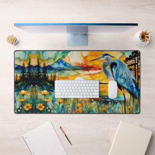 Great Blue Heron Sunset Wildflowers Landscape Desk Mat