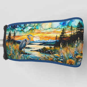 Great Blue Heron Sunset Wildflowers Landscape Golf Head Cover
