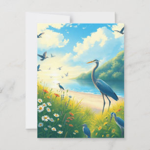 Great Blue Heron Sunset Wildflowers Landscape Postcard