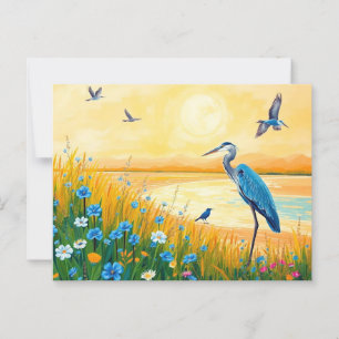 Great Blue Heron Sunset Wildflowers Landscape Postcard