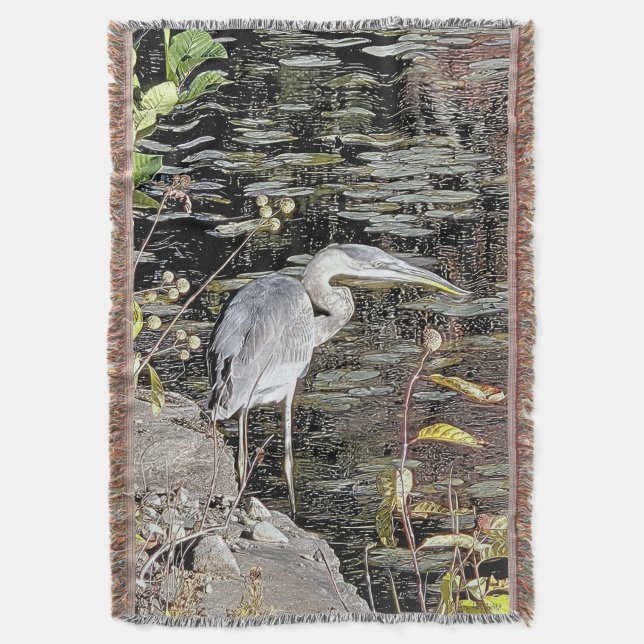 Great Blue Heron Tapestry Style Throw Blanket (Front Vertical)
