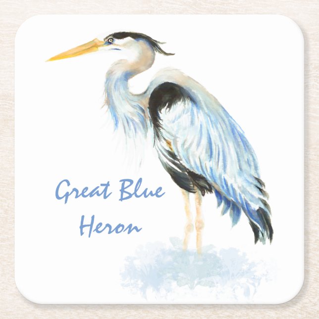 Great Blue Heron Watercolor Bird Art Square Paper Coaster (Front)