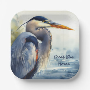 Great Blue Heron Watercolor Bird Art Wetlands Paper Plate