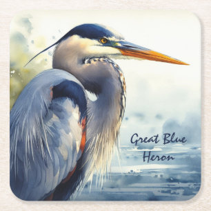 Great Blue Heron Watercolor Bird Art Wetlands Square Paper Coaster
