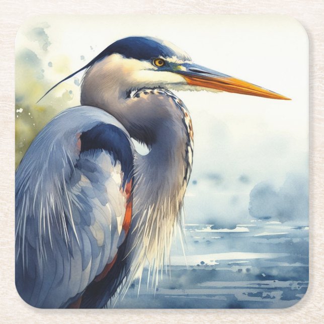 Great Blue Heron Wildlife Wetlands Bird Art Nature Square Paper Coaster (Front)