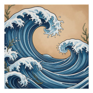 Great Blue Ocean Waves Japanese Style  Poster