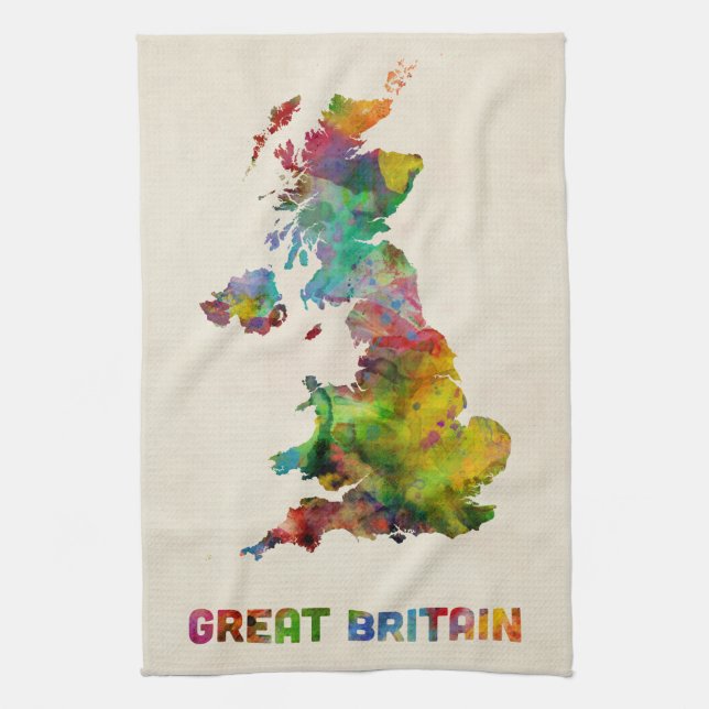 Great Britain Watercolor Map Tea Towel (Vertical)