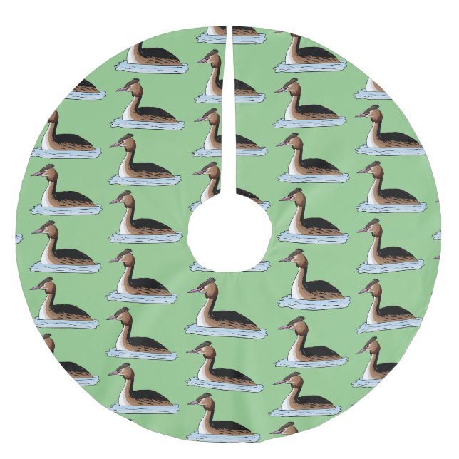Great crested grebe bird cartoon illustration  brushed polyester tree skirt (Front)