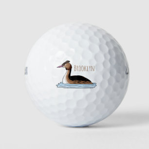 Great crested grebe bird cartoon illustration golf balls
