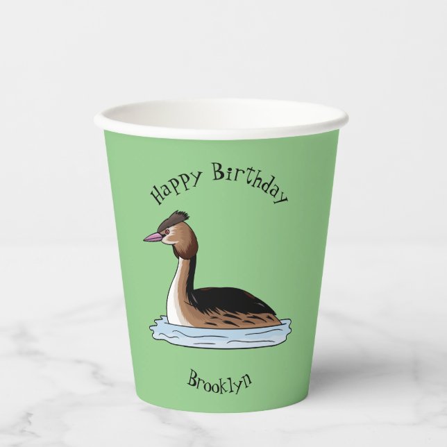 Great crested grebe bird cartoon illustration  paper cups (Front)
