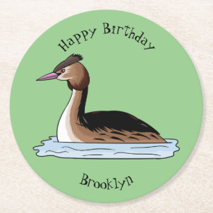 Great crested grebe bird cartoon illustration  round paper coaster