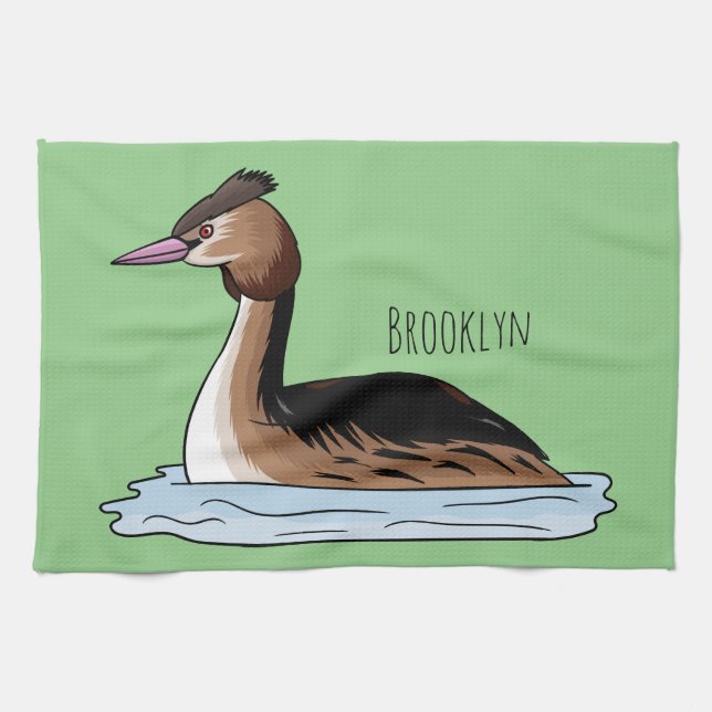 Great crested grebe bird cartoon illustration tea towel (Horizontal)