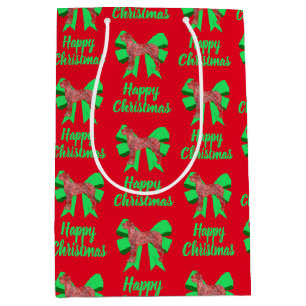 Great Dan Silhouette Red Christmas Dog & Green Bow Medium Gift Bag