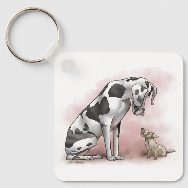Great Dane and Scottish Terrier Cartoon Key Ring (Front)