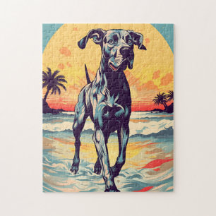 Great Dane at a tropical beach during sunset Jigsaw Puzzle