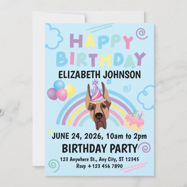 Great Dane Birthday Invitation in Blue (Front)